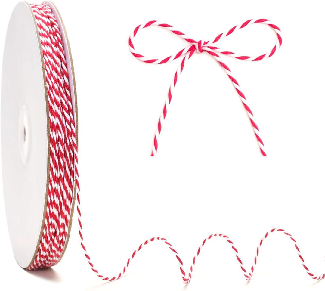 KINGLAKE Red and White Twine - 2mm Cotton Bakers Twine Red and White Christmas Ribbon String Holiday String 328 Feet for Gift Wrapping Baking Butchers Crafts Holiday Decoration Valentine's Day