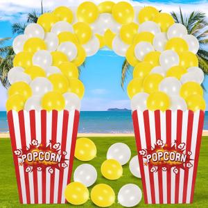 2 Sets Giant Popcorn Box with Balloons, Movie Popcorn 3D Popcorn Box Cardboard Stand up, 25x18x35" Outdoor Standing Heavyweight Popcorn Box for Theme Parties Festivals Yard Decoration,102Pcs