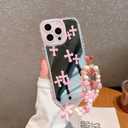 for iPhone 14 Pro Max Case, [Pink Cross Pattern][Shiny Mirror Case][2-in-1 Wristband with Beads] Soft TPU Frame, Shockproof & Anti-Drop, Suitable for Women & Girls