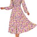 NOLLSOM Women 2026 Spring Dress Floral Boho Dress Casual Long Sleeve Crew Neck Ruffle A-Line Flowy Wedding Guest Maxi Dresses (L)