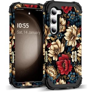 for Galaxy S23 Plus Case,3 in 1 Floral Pattern Heavy Duty Shockproof Protection Soft Silicone Rubber Bumper+Hard Plastic Protective Cover for Samsung Galaxy S23 Plus 6.6", Black Flower