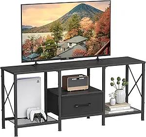 TV Stand with Fabric Drawer, Entertainment Center for 50 55 Inch TV, Industrial TV Console Table with Open Storage Shelves for Living Room, Bedroom, Black