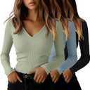 Ficerd 3 Pack Women's Long Sleeve T Shirts Cotton V Neck Slim Fit Tops Ribbed Knit Layering Casual Basic Tees Fall (Large, Black, Sky Blue, Lemon Green)