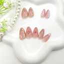 Almond Press on Nails Medium Fake Nails French Tip Acrylic Nails Golden Glitter Glue on Nails with Flower Rhinestones Pearls Lines Irregular Pattern Designs Light Pink Stick on Nails for Girls 24 Pcs