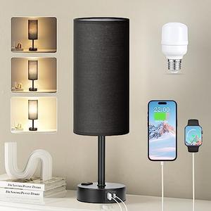 Fenmzee Gold Bedroom Lamp for Nightstand - 3 Way Dimmable Bedside Lamp USB C A Charging Ports and AC Outlet, Small Table Lamp Black Base for Living Room, Office Desk, LED Bulb Included