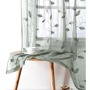 Lecloud Sage Green Sheer Curtains 38x45Inches Length S2 Panels Embroidered Leaf Pattern Pocket Faux Linen Floral Semi Sheer Voile Window Curtains/Drapes for Bedroom Living Room