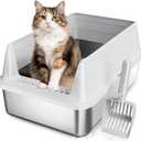 Stainless Steel Cat Litter Box, Odor Free Metal Litter Box with High Sides Lid, Open Top Low Entry Litter Pan Include Scoop Easy Cleaning Anti-Scratch Kitty Cat Box Anti-Urine Leakage, Non-Sticky (Medium, Light Grey)