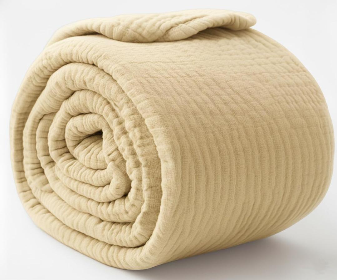 KyraHome 100% Organic Cotton Throw Blanket, 90"x90" Queen Muslin Blankets for Adults, Couch, Pre-Washed Breathable Lightweight Blanket, Coverlet, All Season (Shortbread/Creamy)