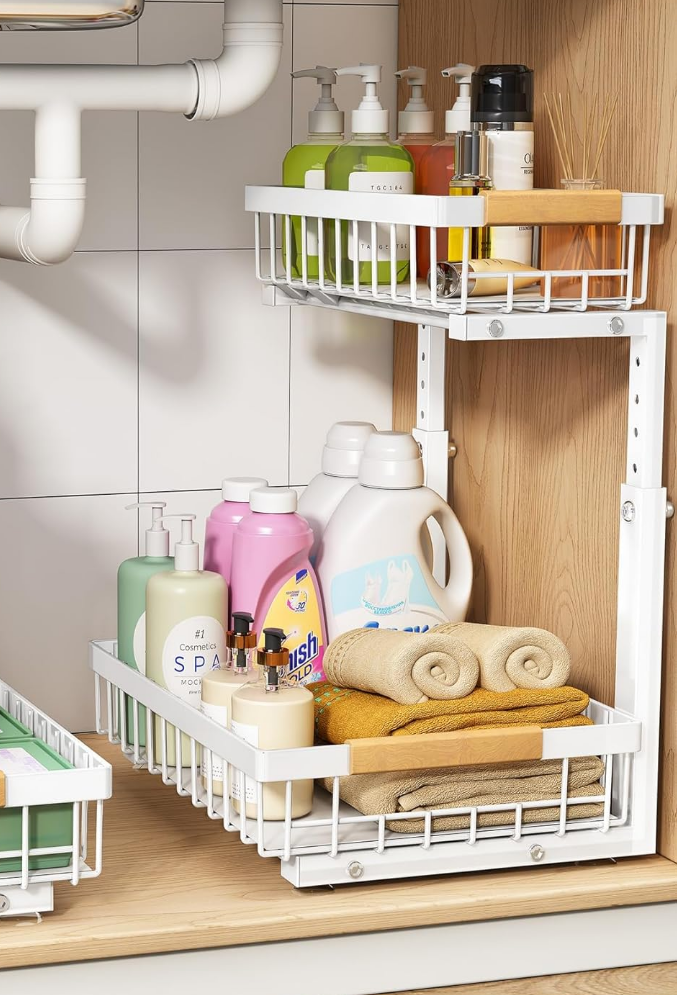 PXRACK Under Sink Organizer, Adjustable Height, 2 Tier Pull Out Under Cabinet Organizer, Slide Out Thickened Metal Under Sink Storage for Kitchen Bathroom Laundry Pantry Cabinet, L, White