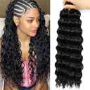 Eerya Long Curly Braiding Hair 16 Inch 4 Packs Ocean Wave Crochet Hair for Black Women Deep Wave Braiding Hair for Boho Braids(16inch,#1B)