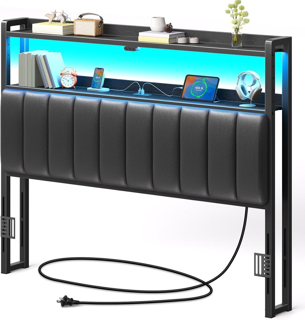 Rolanstar Headboard for Full Size Bed with Storage, 60,000 DIY Color of LED Light, Head Board with USB & Type C Port, Height Adjustable, Black Upholstered Cabeceras de Cama Comfortable Modern, Leather