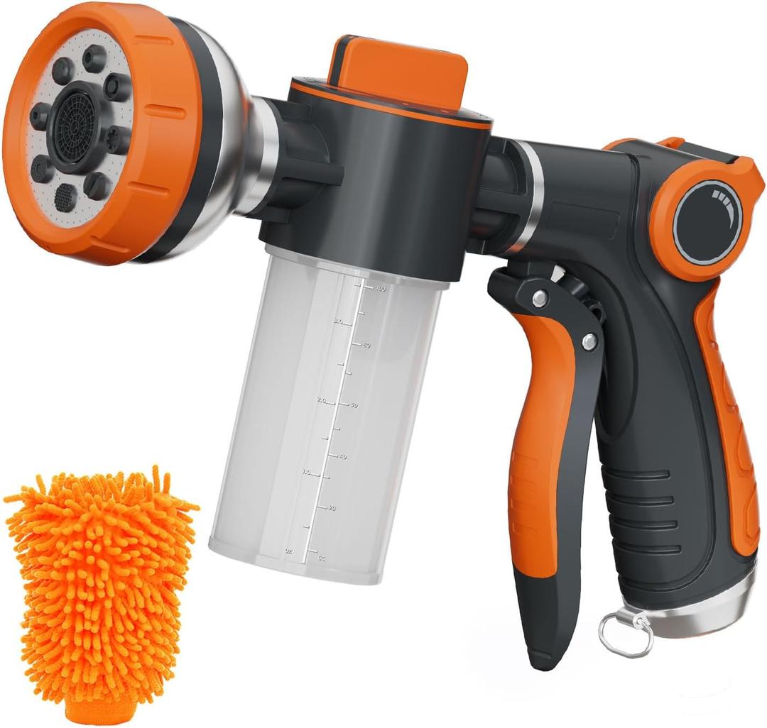 Garden Hose Nozzle,8 Patterns Hose Sprayer High Pressure,Heavy Duty Dog Wash,Metal Water Hose Nozzle with Soap Dispenser,Car Wash Foam Gun with A Car Wash Mitt