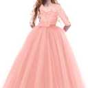 Flower Girls Long Floral Boho Lace Wedding Bridesmaid Dress 3/4 Sleeves Princess Puffy Maxi Tulle Pageant Formal Party Gowns (7-8 Years)