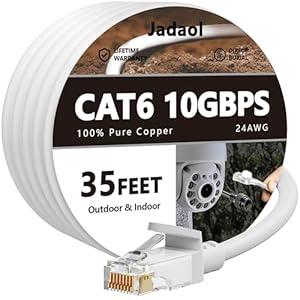 adaol Cat 6 Ethernet Cable 35ft, Outdoor&Indoor, 10Gbps Support Cat8/ 7 Network, 24AWG Pure Copper Patch LAN Cord, Direct Burial Waterproof In-Ground UV Resistant for Router, Modem, Switch, POE, White