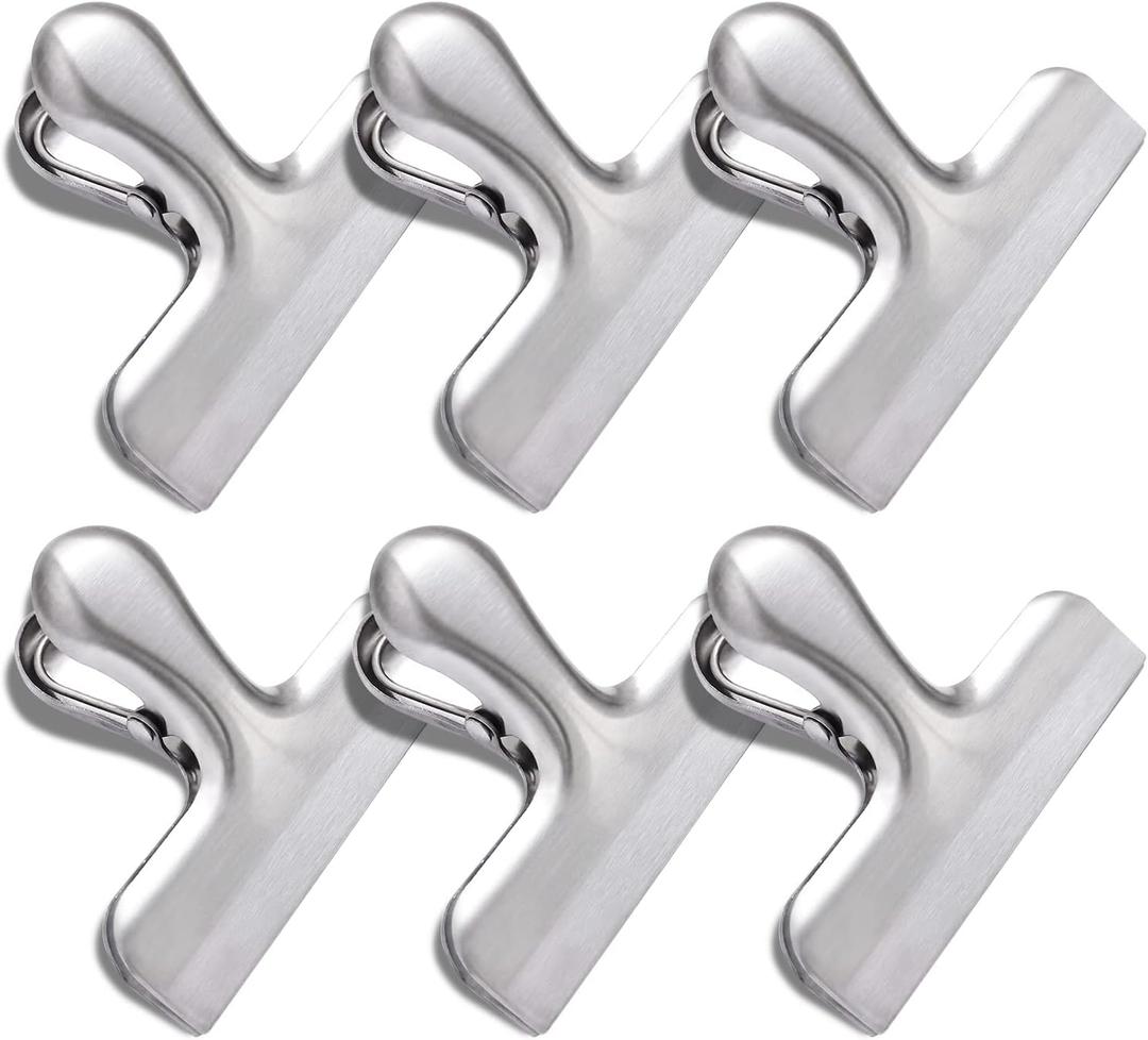 6 Pack Bag Clips, Stainless Steel Chip Clip, Chip Clips Bag Clips Food Clips, Bag Clips for Food, Heavy Duty Air Tight Seal Kitchen Clips Snack Clips Food Bag Clamp Clips (Silver)