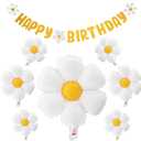 10pcs set Daisy Balloons, Shower Decoration Banners,Happy Birthday Decorations Felt Bunting for Girls Boys Birthday Party Supplies(Yellow+White)