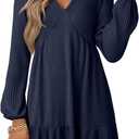 Dokotoo Fall Dresses for Women 2025 Long Sleeve V Neck Lightweight Ribbed Knit Empire Waist Casual A Line Swing Mini Dress (Medium, Blue)