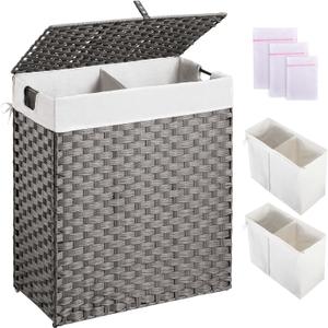 Greenstell Laundry Hamper with 2 Removable Liner Bags - 90L Divided Clothes Hamper, Handwoven Synthetic Rattan Foldable Laundry Basket with Lid and Handles Gray (18.3x13.3x24.0Inches)