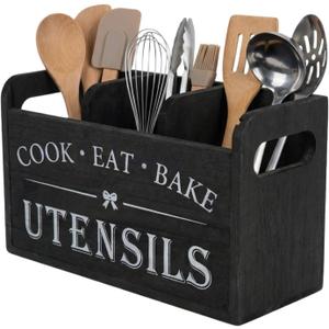 3 Compartment Wooden Utensil Holder, Black Farmhouse Kitchen Organizer with Removable Dividers for Countertop Storage Utensil Caddy, 10.6x4.1x6.1 Inch