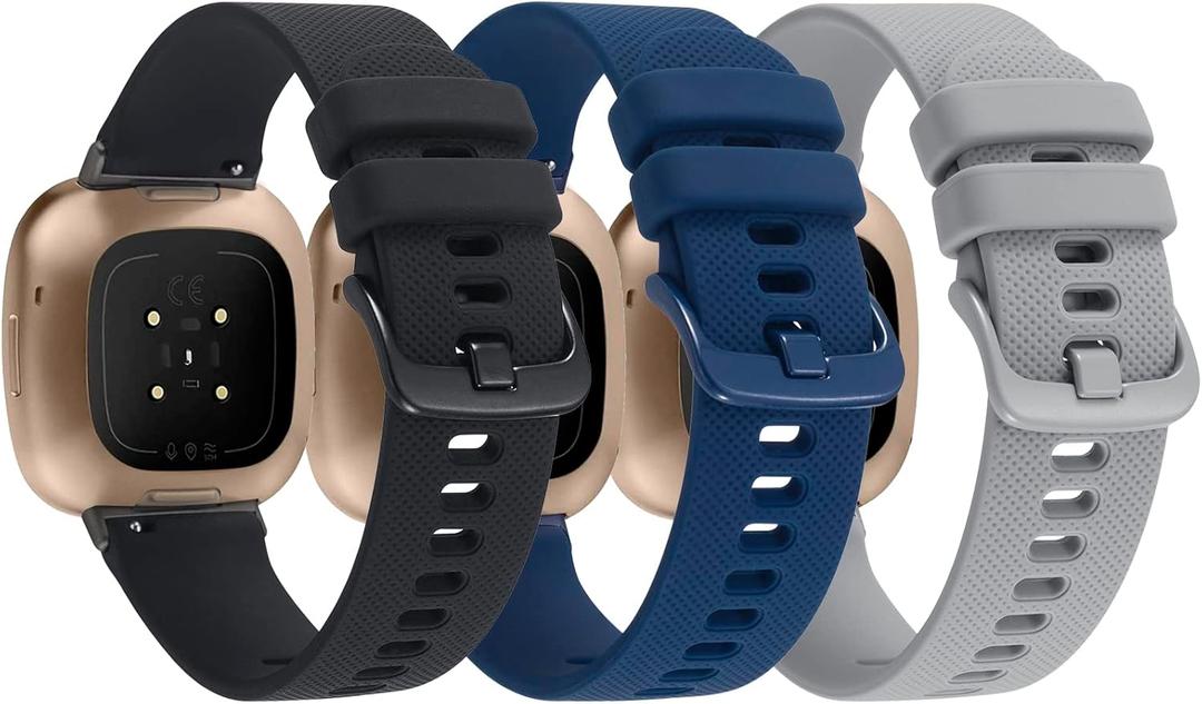 3-Pack Sport Bands Compatible with Fitbit Versa 4/Versa 3/Sense 2/Sense Band, Classic Soft Silicone Replacement Wristband Strap Accessories for Women Men(Black/Midnight Blue/Gray)