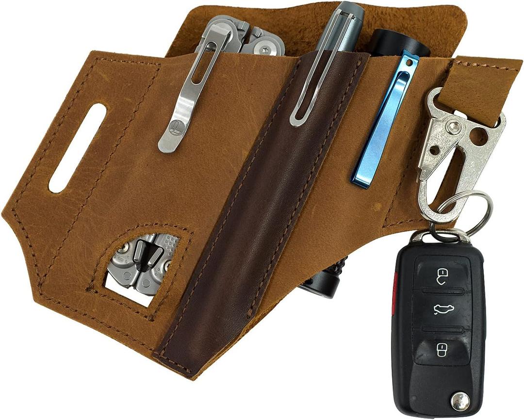 Multitool Sheath for Belt - EDC Pocket Organizer | Leatherman Holster | Leather Multitool Pouch with Pen Holder, Flashlight Sheath and Key Fob Clip | Handmade Leather EDC Organizer (Brown)