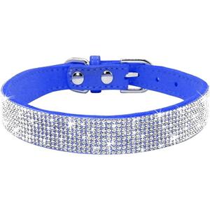 Rhinestone Dog Collar, Cute Dazzling Sparkling Soft Suede Leather Adjustable Pet Dog Cat Collar Crystal Diamond for Puppy Small Medium Large Dogs (L:38-46cm, Dark Blue)