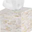 PEMAR Handcrafted Wooden Tissue Box Cover for Small Cube Tissue Boxes Only (Max Inner Size 4.7)  Mother of Pearl Inlay Decorative Tissue Holder for Bathroom, Living Room & Office (Milano) (Milano (Standard 5.5"))