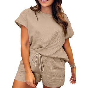 Eytino Women Plus Size 2 Piece Outfits Sweatsuit Short Sleeve Pullover Tops and Drawstring Shorts Pants (3X, Khaki)