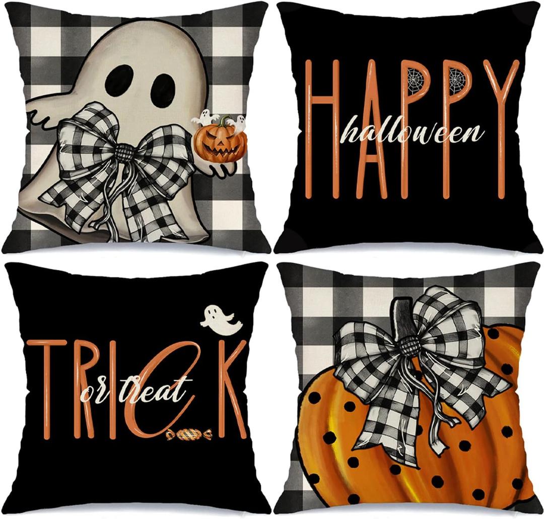 MODOVOS Halloween Pillow Covers 20x20 Set of 4 Buffalo Plaid Spooky Halloween Decorations Polka Dots Pumpkin Throw Pillow Covers Trick or Treat Cushion Case for Sofa Couch
