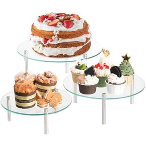 Hacaroa 3 Pcs Tempered Glass Cupcake Stands for Party, 9,11,12.6 Inch Round Food Display Stand Clear Retail Risers for Cakes, Desserts, Pastries, Appetizers