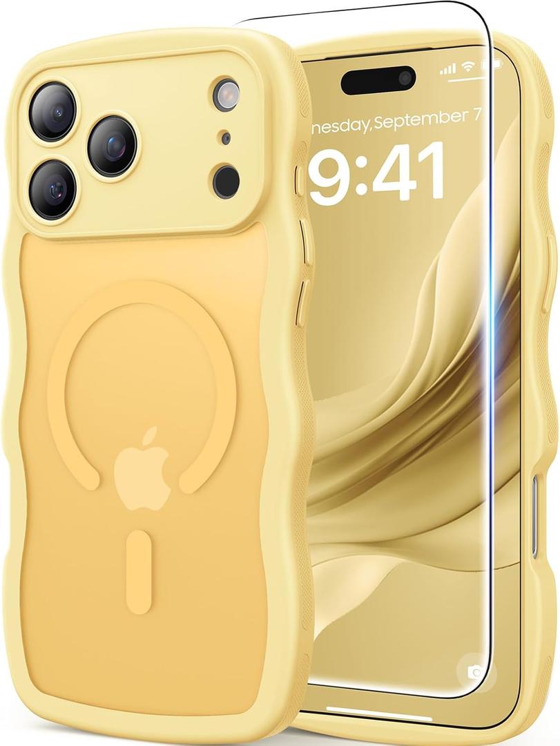 Magnetic for iPhone 17 Pro Max Case, 1X Screen Protector +1X Wrist Strap, Cute Wavy [Compatible with MagSafe][Full Camera Protection] Trendy Matte Women Girly Case for iPhone 17 Pro Max 6.9", Yellow