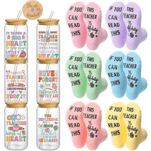 Domensi 12 Pcs Teacher Appreciation Gifts from Student 16 oz Glass Cups with Lids Novelty Socks End of Year & Thank You Gifts for Teacher Retirement Birthday Graduation Back to School