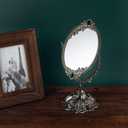 Feyarl Small Metal Vintage Makeup Mirror Floral Tabletop Oval Vanity Swivel Double Sided Mirror with Stand Elegant Decorative for Dressing Room Bedroom (Bronze)