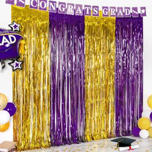 LOLStar Graduation Party Decoration, 2 Pack Purple and Gold 3.3x6.6 ft Foil Fringe Curtains, Tinsel Backdrop, Graduation Photo Booth Prop Streamer Backdrop for Class of 2026, Prom and Grad Party Decor