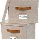 ZICOTO Decorative File Organizer Box Set of 2 - Collapsible Linen Filing Cabinets w/Handles Are Perfect to Store all Your Documents & Hanging File Folders - Portable Easy Slide Crates with Lid (Beige)