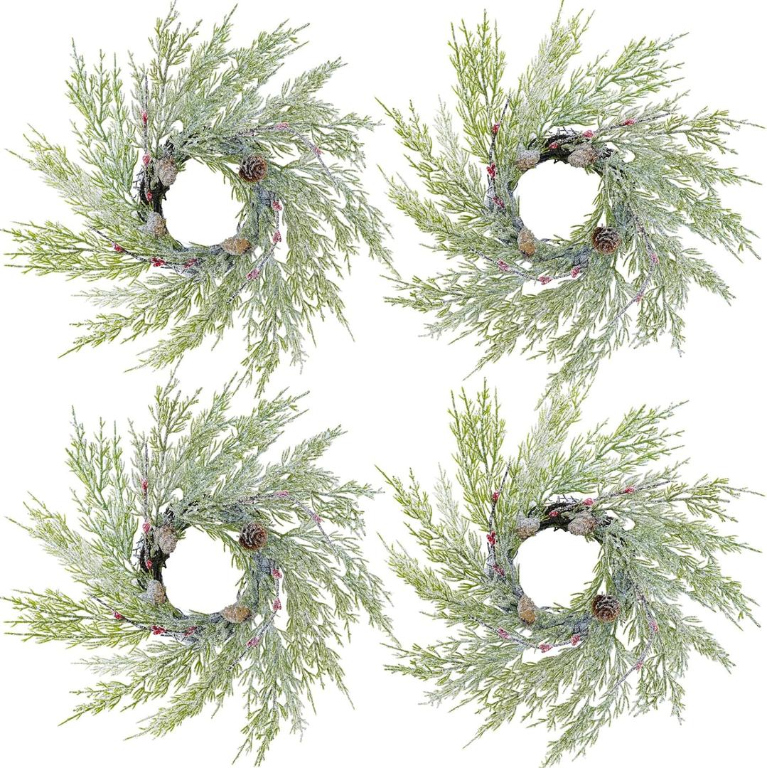 Winlyn 4 Pcs Artificial Snowy Cedar Pine Candle Rings Evergreen Pine with Red Pip Berries and Pinecones Wreaths Farmhouse Christmas Candle Holder Rings 15" Wide for Winter Holiday Mantel Door Cabinet