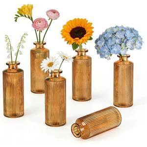 6 Pack Glass Bud Vase Set, Small Flower Vase Set Bud Vases for Wedding Centerpiece Table Decor, Vintage Small Vases for Room Home Dining Party Table Center Decor (Amber Set, 6 Pack)
