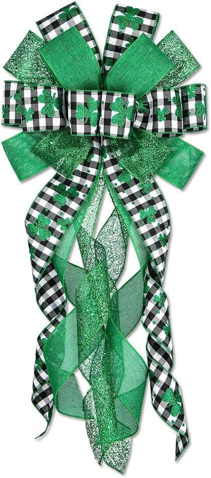 Hying Large St. Patrick's Day Bows for Wreath, Black White Buffalo Plaid Bow Green Irish Shamrock Wreath Bows Holiday Burlap Tree Topper Bows for Front Door Saint Patrick's Day Decorations Supplies