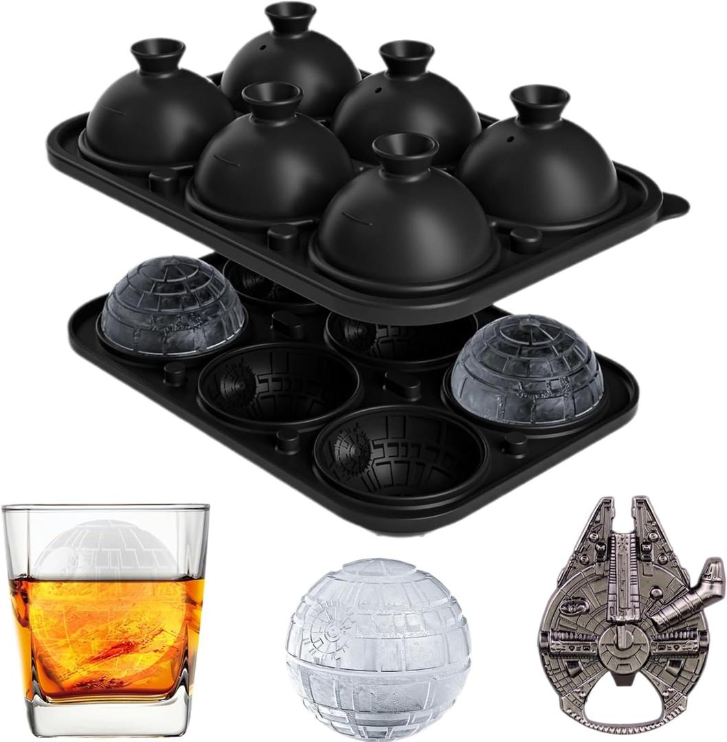 Death Star Ice Cube Mold with Millennium Falcon Bottle Opener,6-Cavity 3D Star War Ice Cube Tray for Whiskey, Cocktails, Bourbon.Funny Whiskey Gifts for Men