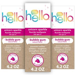 Hello Unicorn Sparkle Kids Toothpaste with Fluoride, Bubble Gum Toothpaste, 4.2 Oz Tube (Pack of 3)