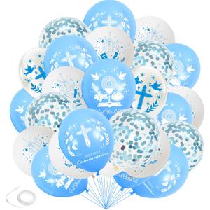First Holy Communion Balloons Decorations - Blue First Communion Balloon Set with Cross Dove and Confetti Balloons, Christening Baptism Confirmation Party Supplies