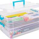 2 Layer Plastic Storage Containers with Lids, Multipurpose Clear Stack & Carry Box, Portable Craft Organizers and Storage Bin for Organizing Art & Craft, Sewing, Makeup, Nail Supplies (Blue)