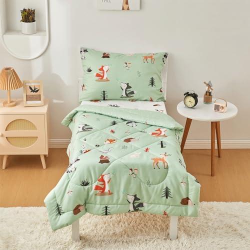 Kids Bed Set Green White Wood Animals