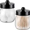 Farmhouse Decor Apothecary Jar Set, Mason Jar Bathroom Vanity Storage Organizer Canister-Qtip Holder Plastic Acrylic Jar for Cotton Swabs, Cotton Pad, Floss Pick, Paper Clip, Hair Clip (2 Pack, Black)