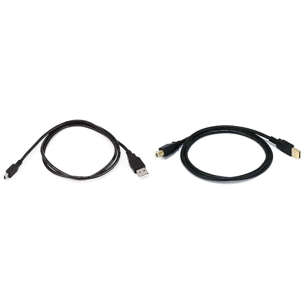Monoprice 3-Feet USB A to Mini-B 5pin 28/28AWG Cable (103896) Black & USB-A Male to USB-B Male 2.0 Cable - 28/24AWG, Shielded, Gold Plated, 3 Feet, Black
