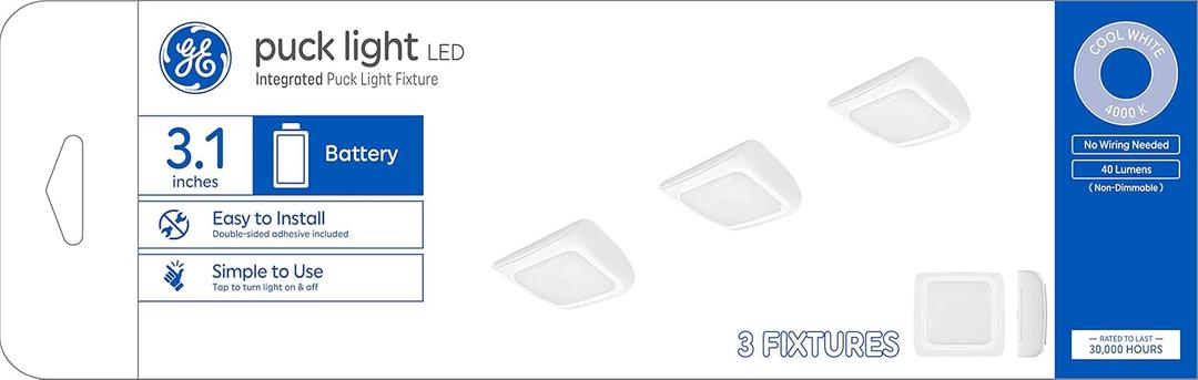 GE Lighting LED Puck Light, Battery-Powered, Cool White, 3.1 Inches (3 Pack)