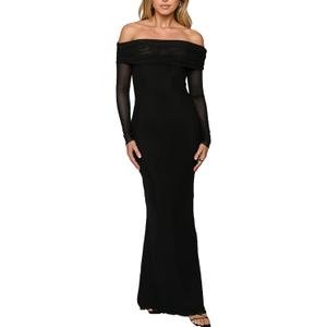 BORIFLORS Women's Elegant Off The Shoulder Bodycon Long Sleeve Maxi Dress Mesh Cocktail Party Wedding Guest Formal Dresses, X-Small, Black