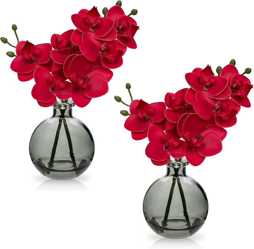 Oairse Red Orchids Artificial Flowers Faux Orchid Arrangement with Clear Glass Vase Set of 2 Real Touch Phalaenopsis Orchid Flowers Orchid Centerpiece for Dining Room Table