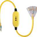 EP 3 Ft Lighted GFCI Extension Cord with 3 Electrical Power Outlets - 12/3 SJTW Heavy Duty Yellow Pigtail Extension Cable with 3 Prong Grounded Plug for Safety, UL Listed
