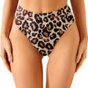 Zmart Women High Waist Thong Bikini Bottoms High Cut Swimsuit Bathing Suit Cheeky Brazilian Swimwear Bottom, Leopard Large